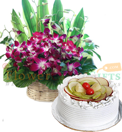 send 10 Orchid flower basket and Fruit Cake Half kg delivery