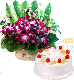 send 1Kg pineapple cake and Orchid flower basket  delivery