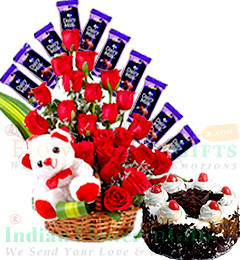send Black Forest Cake Teddy Roses Flower Chocolate bouquet delivery