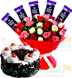 send Half Kg Black Forest Cake Roses Flower Chocolate bouquet delivery