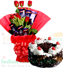 send Half Kg Black Forest Cake n Rose Chocolate Bouquet delivery