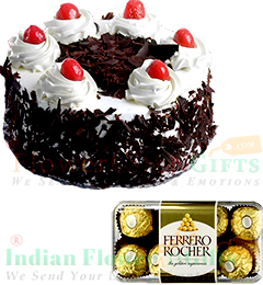 send Black Forest Cake Half Kg N Ferrero Rocher Chocolate Gift Box delivery