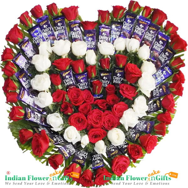 send Heart Shape Arrangements of Roses n Cadbury Dairy Milk Chocolates  delivery