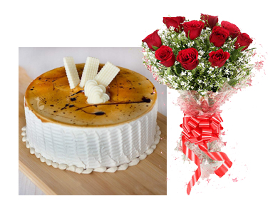 send Half Kg Coffee Eggless Cake and roses bouquet delivery