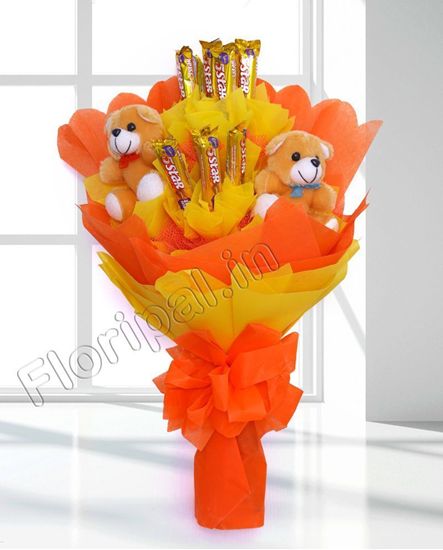 send Designer Teddy with five star Chocolate bouquet delivery