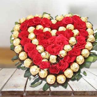 send Ferrero Rocher chocolate and Red Roses heart shaped bouquet delivery