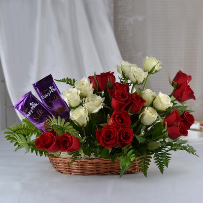 send Red Roses Flower n dairy milk silk chocolate Basket arrangement delivery