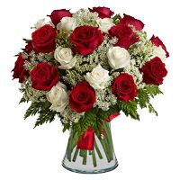 send white and red roses in a vase delivery