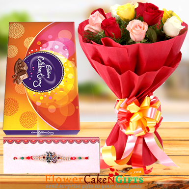 send Designer Rakhi Roses Flower Bouquet n Cadbury Celebrations Chocolate Gift delivery