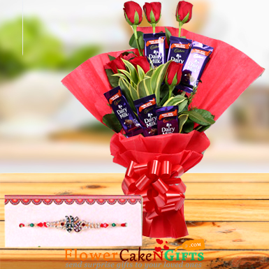 send Rakhi n Roses with Chocolate Bouquet delivery