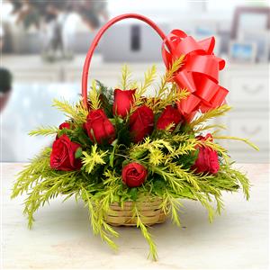 send Lovely Designer Red Roses in a Flower Basket delivery