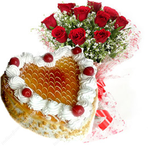 send heart shaped half kg cake butterscotch and red roses delivery