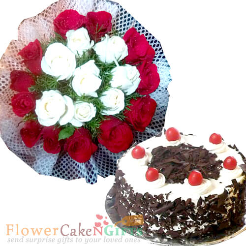 send 20 red white roses bouquet n half kg black forest cake delivery
