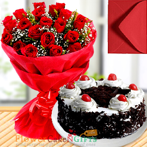 1Kg Black Forest Cake 25 Red Roses Bouquet Greeting Card