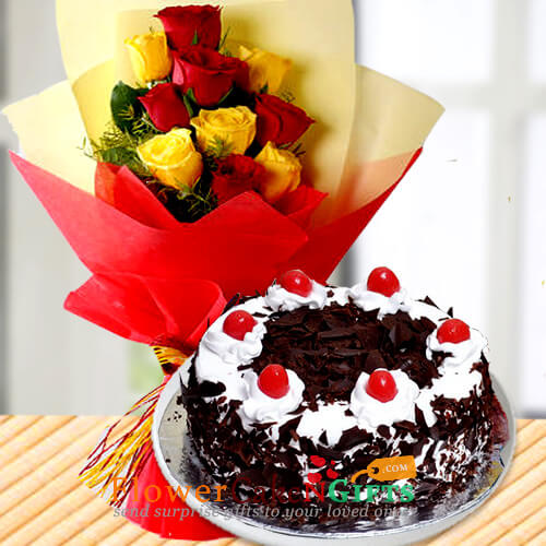 send  Yellow Red Roses Bouquet n Half Kg Black Forest Cake delivery