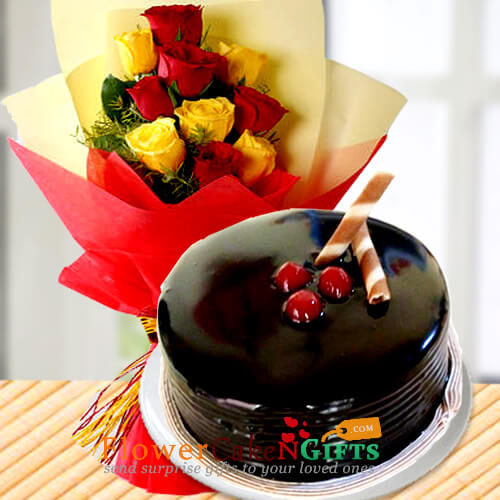send  Yellow Red Roses Bouquet n Half Kg Chocolate Cake delivery