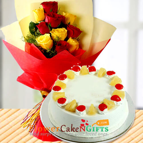 send Yellow Red Roses Bouquet n Half Kg Pineapple Cake delivery