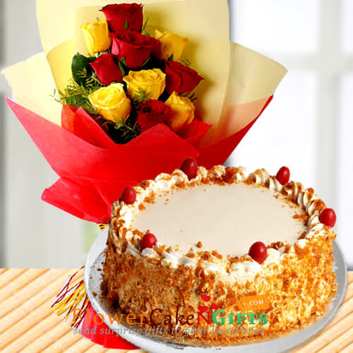send Yellow Red Roses Bouquet n Half Kg Butterscotch Cake delivery
