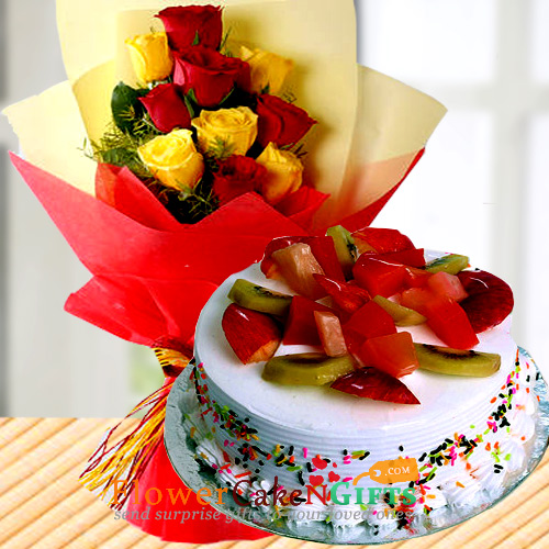 send  10 Yellow Red Roses Bouquet n Half Kg Mixed Fruit Cake delivery