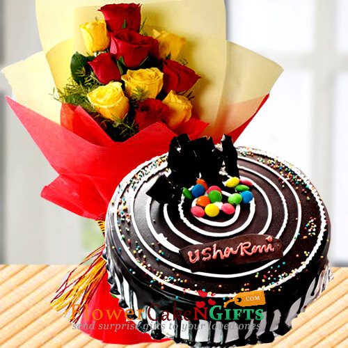 send half kg choco vanilla cake n yellow red roses bouquet delivery