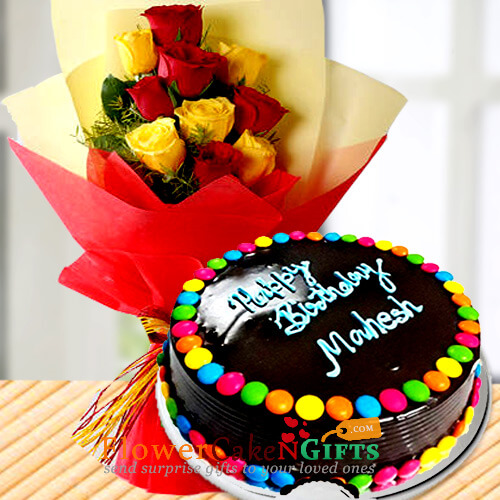 send Half Kg Chocolate Gems Cake n yellow red roses bouquet delivery