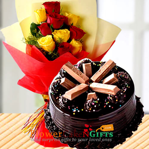 send half kg kit kat cake n yellow red roses bouquet delivery