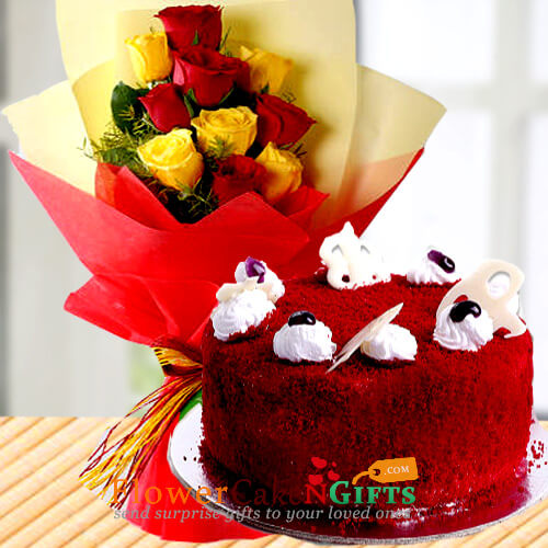 send half kg red velvet cake n yellow red roses bouquet delivery