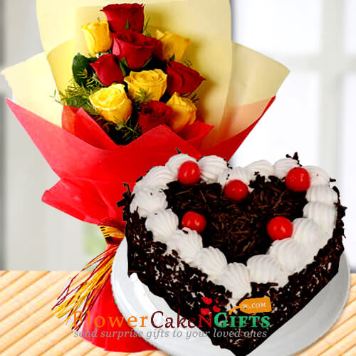 send half kg heart shape black forest cake n yellow red roses bouquet delivery