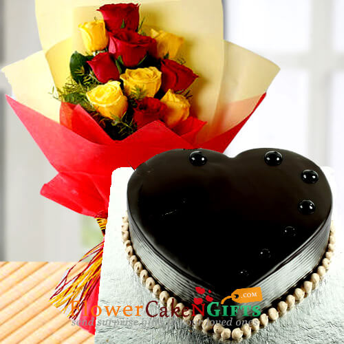 send half kg heart shape chocolate Truffle cake n yellow red roses bouquet delivery
