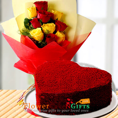 half kg heart shape red velvet cake n yellow red roses bouquet