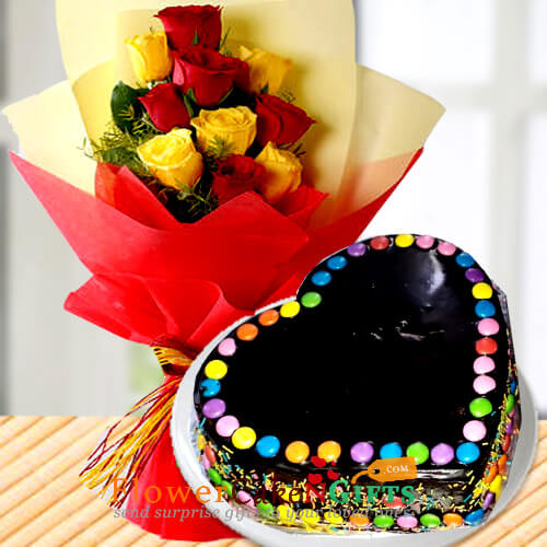 send half kg heart shape Chocolate Truffle With Gems cake n yellow red roses bouquet delivery