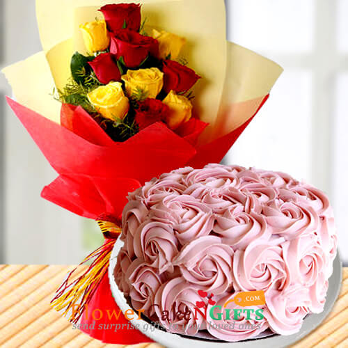 send half kg roses cake n yellow red roses bouquet delivery