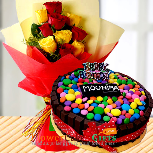 send half kg kitkat gems cake n yellow red roses bouquet delivery