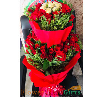 send Red Roses n Ferrero Rocher Chocolates Bouquet delivery