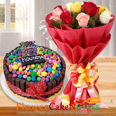 send ten mix roses 1 kg kitkat gems chocolate cake delivery