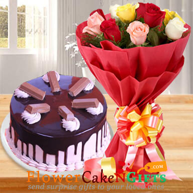 send ten mix roses 1kg kitkat chocolate cake delivery