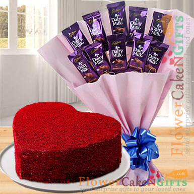 send chocolate bouquet n half kg heart shaped red velvet cake delivery