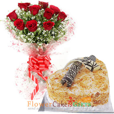 send heart shaped half kg butterscotch cake and red roses bouquet delivery