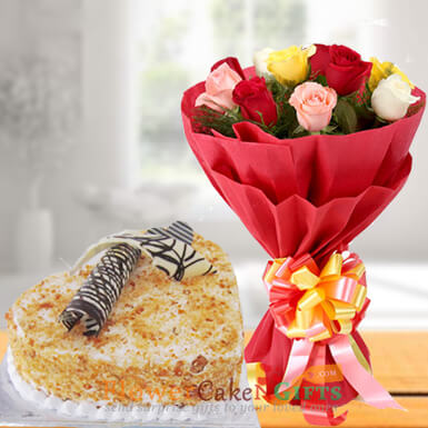 send 1kg heart shaped butterscotch cake and mix roses bouquet delivery