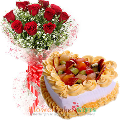 send half kg heart shaped fruit cake and roses bouquet delivery