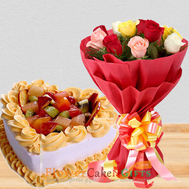send 1kg heart shaped fruit cake and roses bouquet delivery