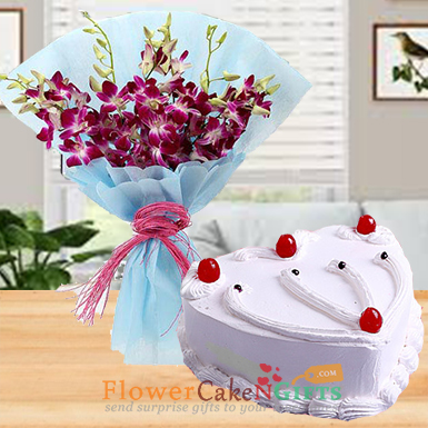 send 1kg eggless heart shape vanilla cake and orchid bouquet delivery