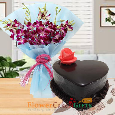 send half kg heart shape chocolate truffle cake n orchids bouquet delivery