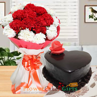 send half kg heart shape chocolate truffle cake and carnation bouquet delivery