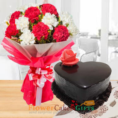 send 1kg eggless heart shape chocolate truffle cake and carnation bouquet delivery
