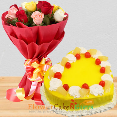 send half kg heart shape pineapple cake mix roses bouquet delivery