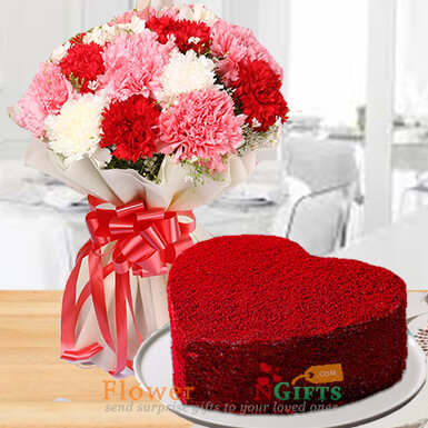 send half kg eggless heart shape red velvet cake mix carnation bouquet delivery