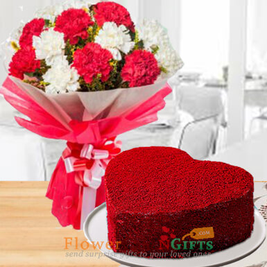send 1kg heart shape red velvet cake mix carnation bouquet delivery