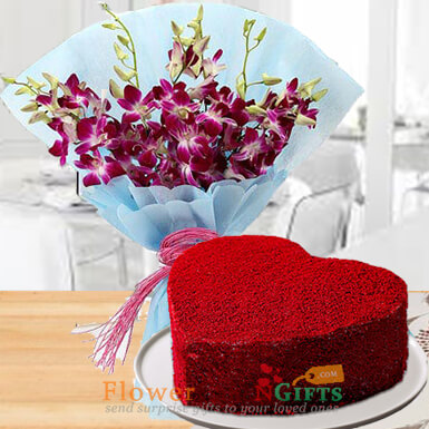 send 1kg heart shape red velvet cake n orchid bouquet delivery