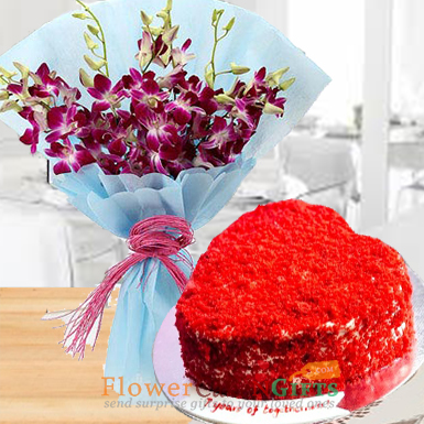 send half kg heart shape red velvet cake mix orchid bouquet delivery